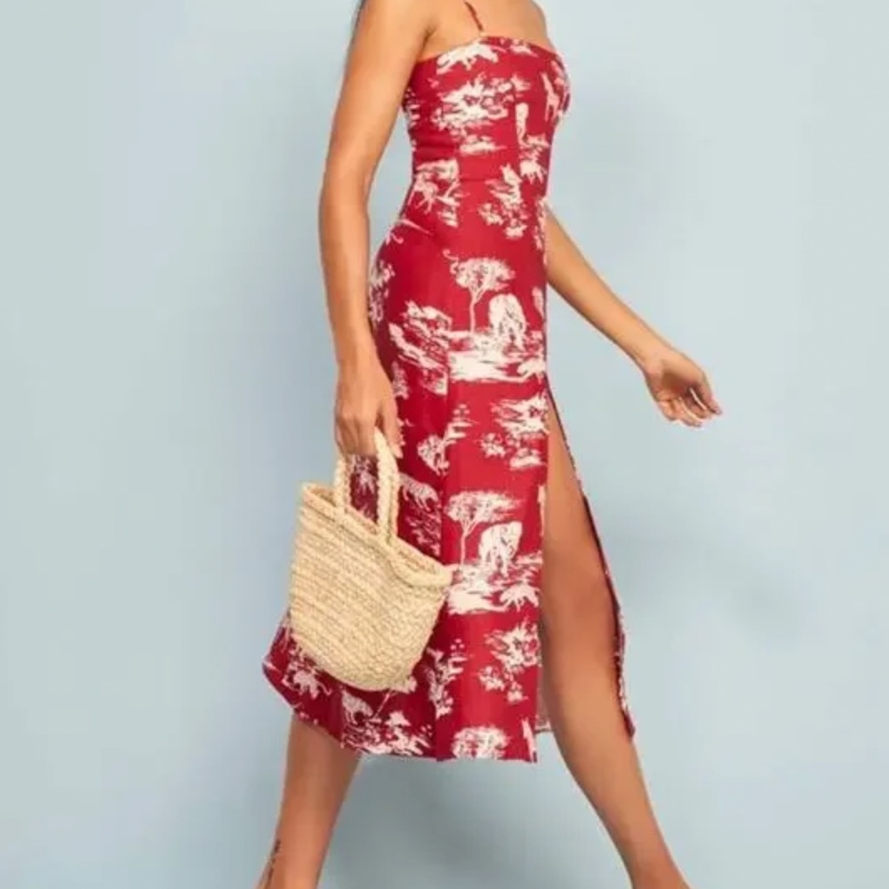 Reformation Wisconsin Linen Nairobi Red Safari Animal Print Midi Dress size 2